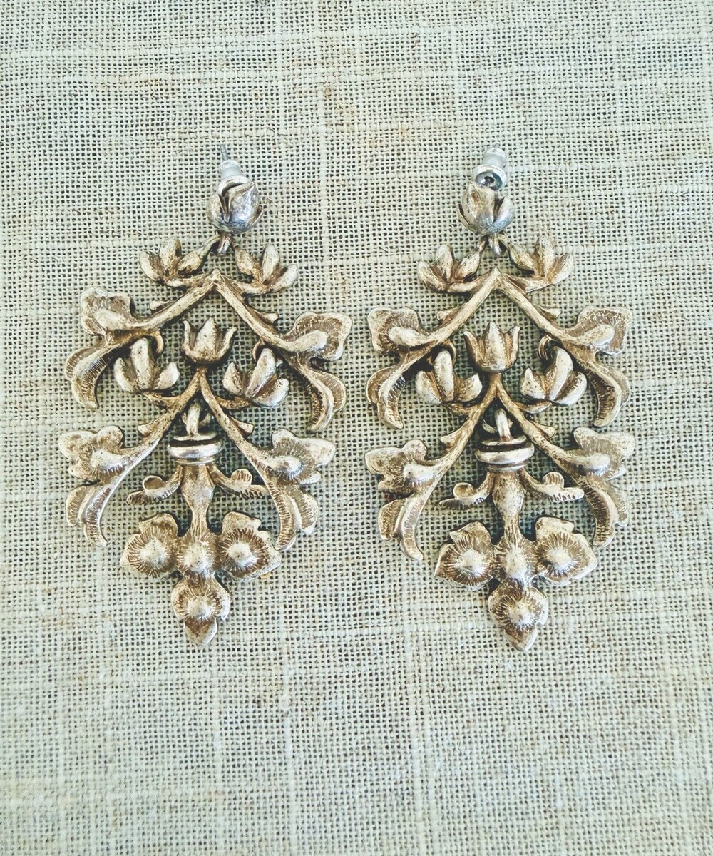 Art Nouveau Sterling Silver Chandelier Dangle Earrings 2.5” Floral 23.7g